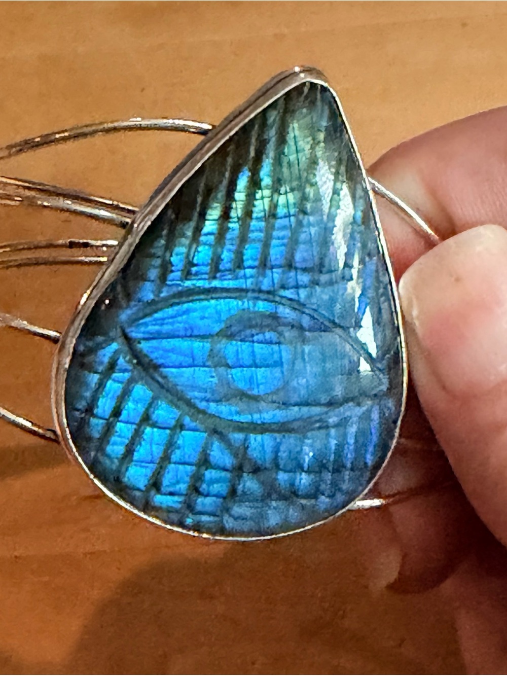 Awesome XXL Bright Blue Labradorite Evil Eye Cuff Bracelet - 925 Plated/Stamped